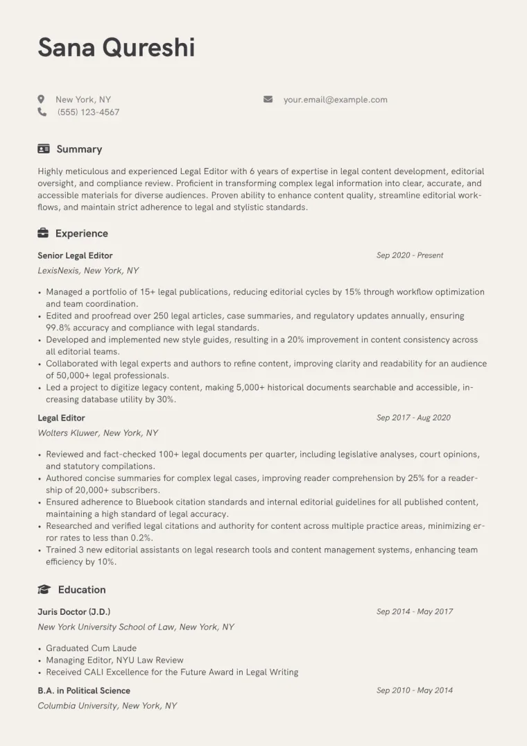 Legal Editor Resume Example CV template preview