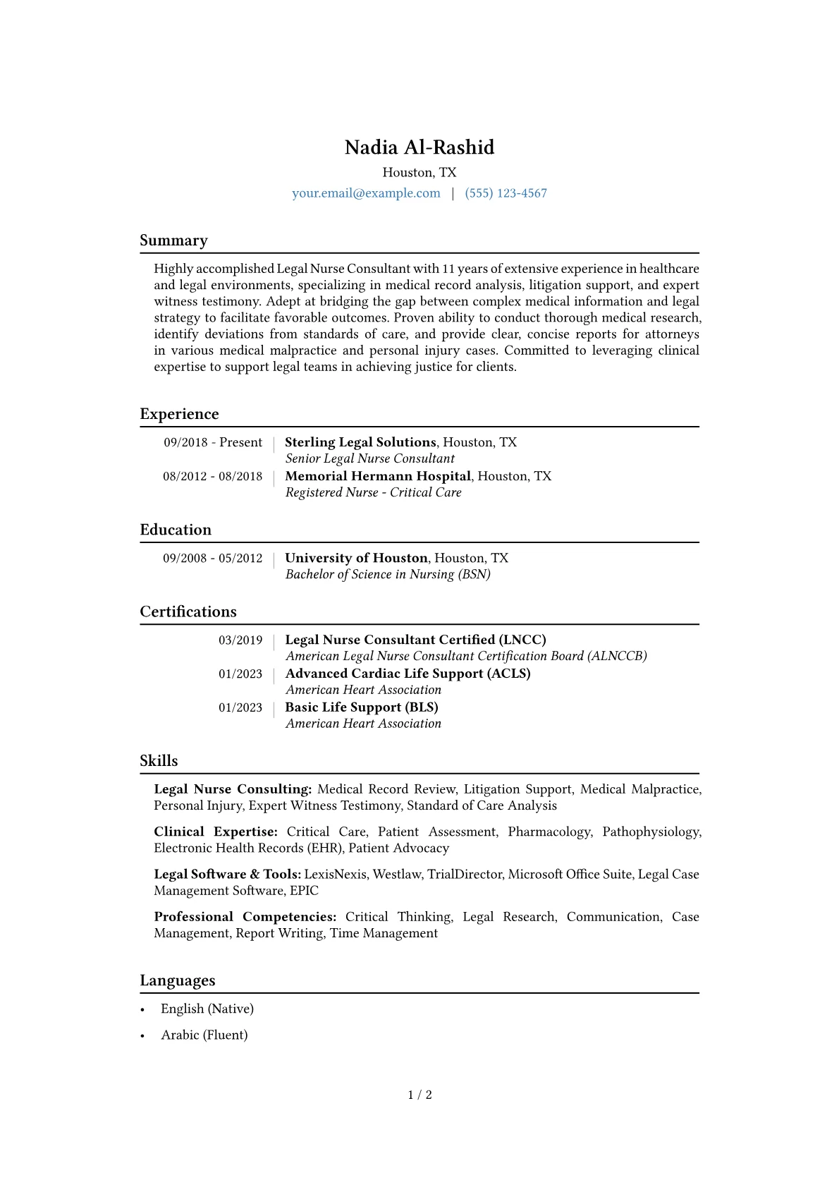 Legal Nurse Consultant Resume Example CV template - Page 1