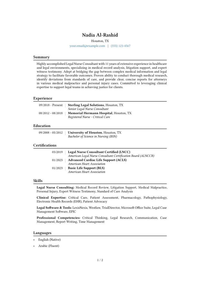 Legal Nurse Consultant Resume Example CV template preview