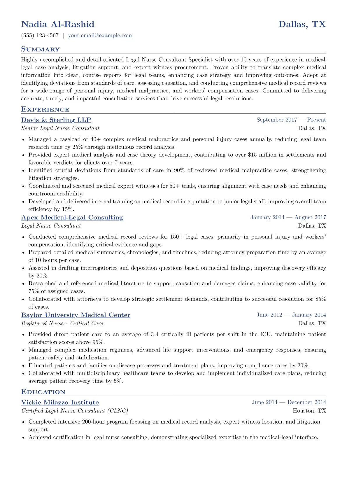 Legal Nurse Consultant Specialist Resume Example CV template - Page 1
