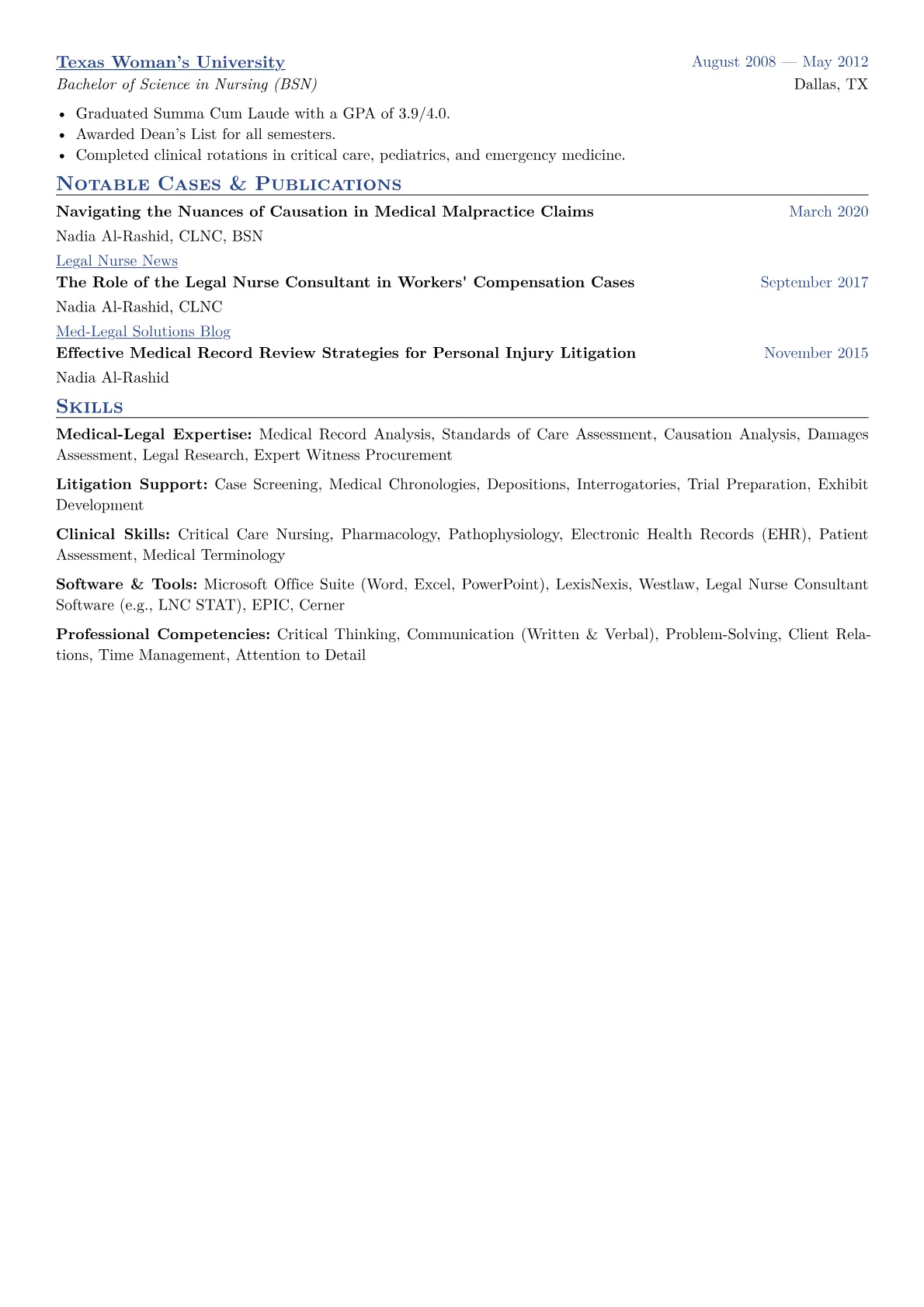 Legal Nurse Consultant Specialist Resume Example CV template - Page 2