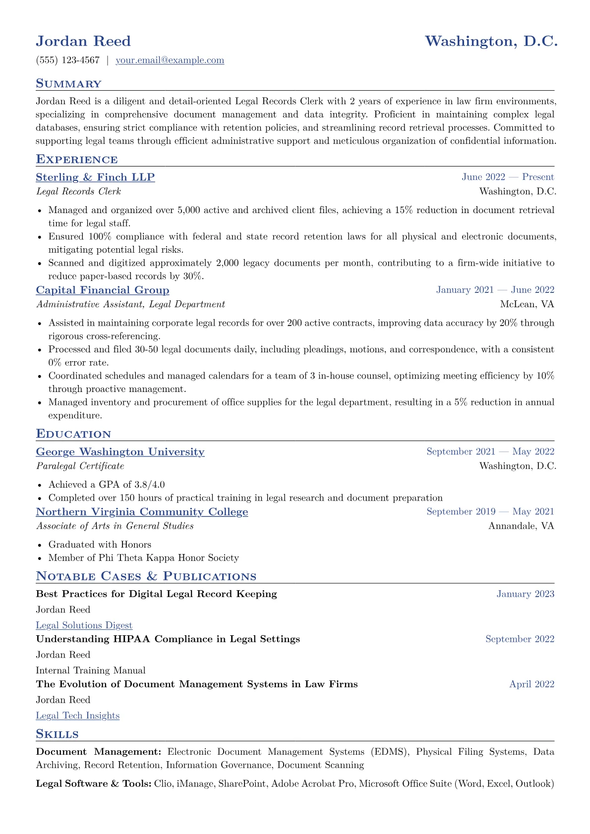 Legal Records Clerk Resume Example CV template - Page 1