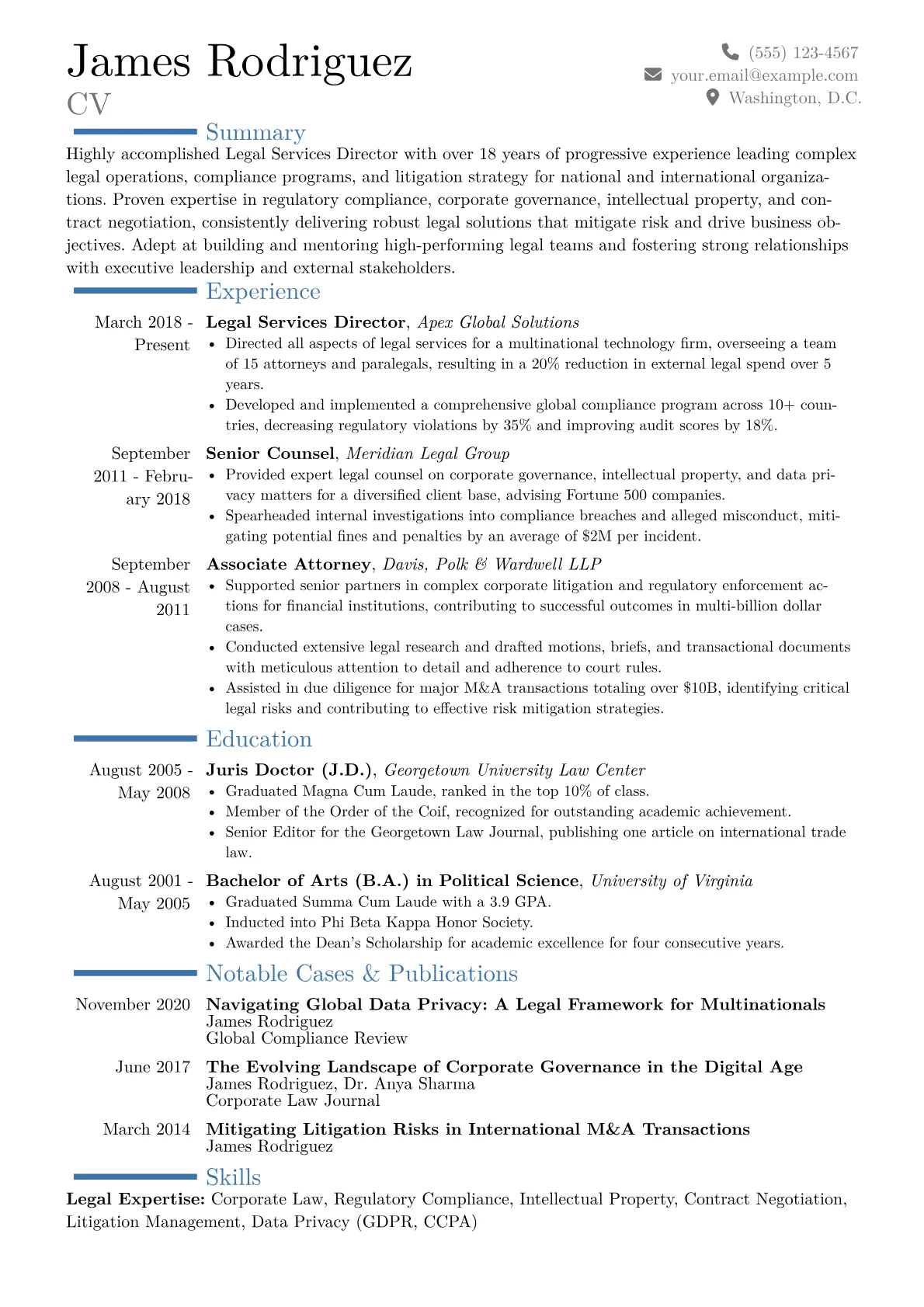Legal Services Director Resume Example CV template - Page 1
