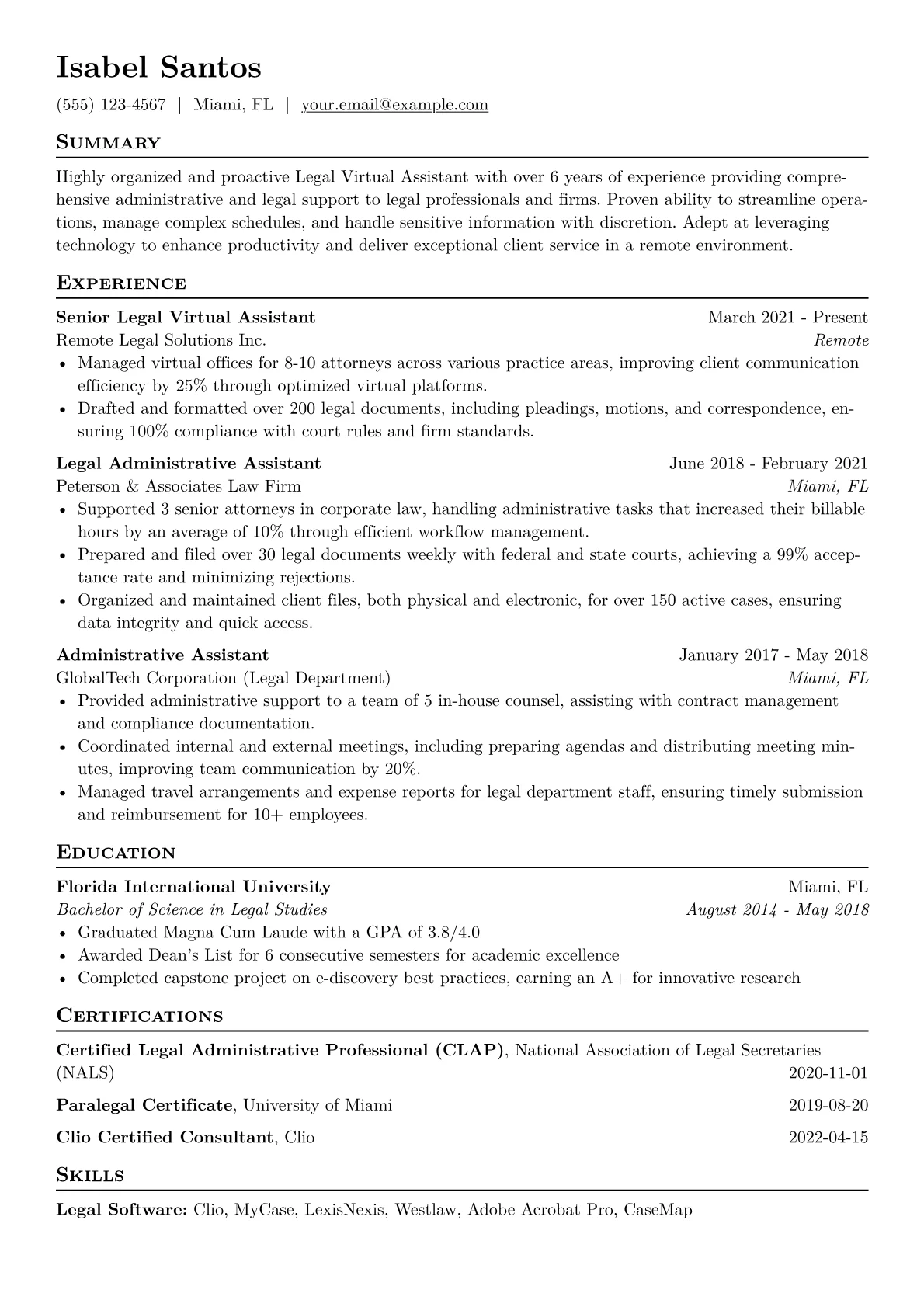 Legal Virtual Assistant Resume Example CV template - Page 1