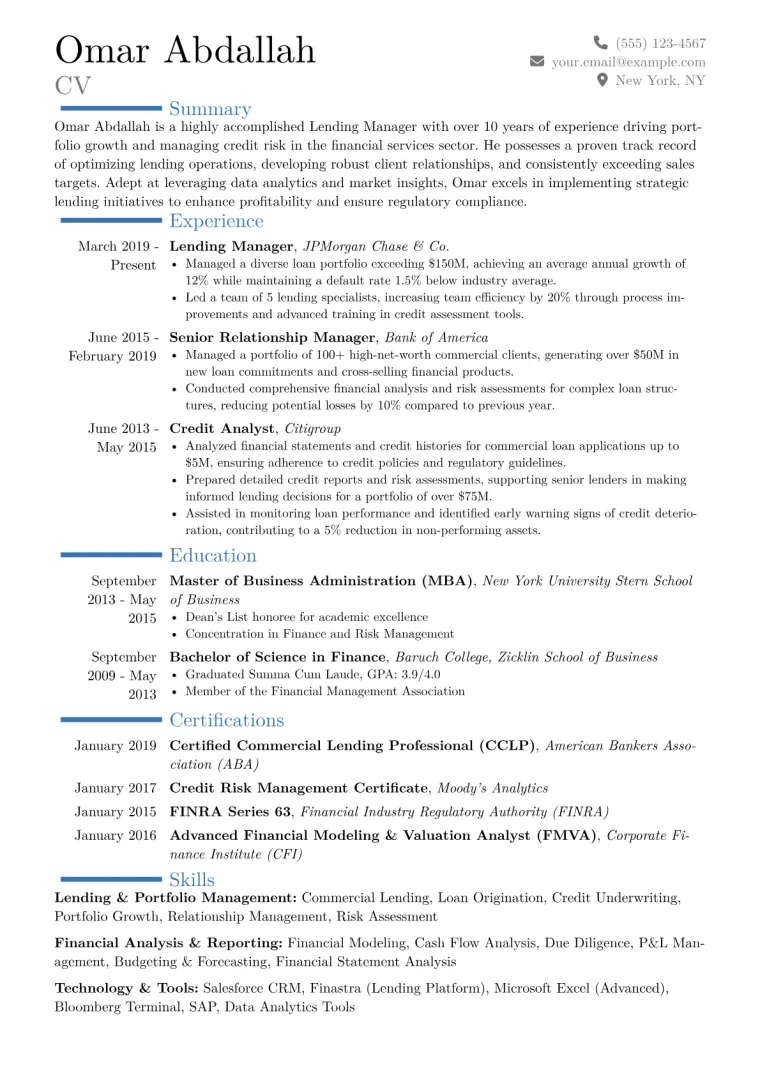 Lending Manager Resume Example CV template preview