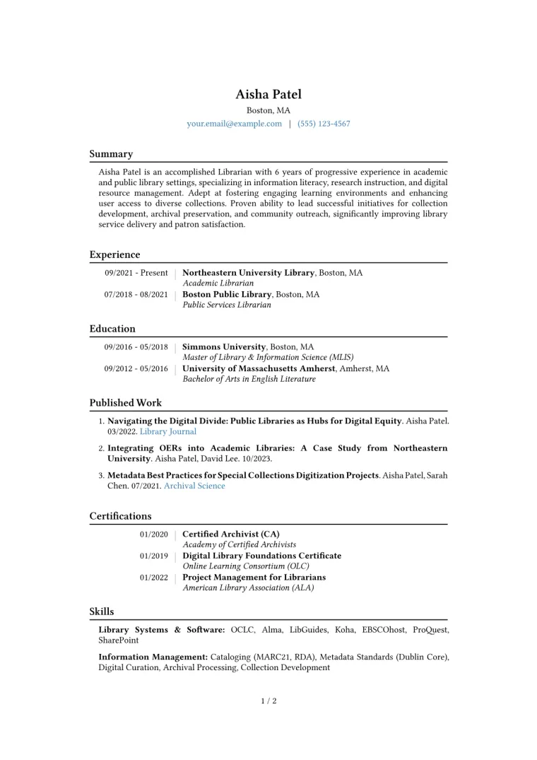 Librarian Resume Example CV template preview