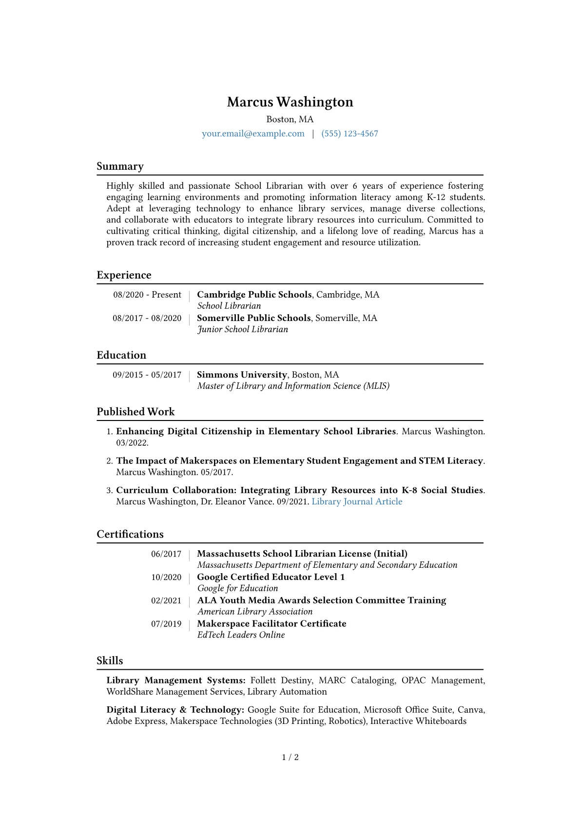 Librarian School Resume Example CV template - Page 1