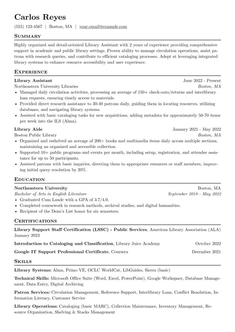 Library Assistant Resume Example