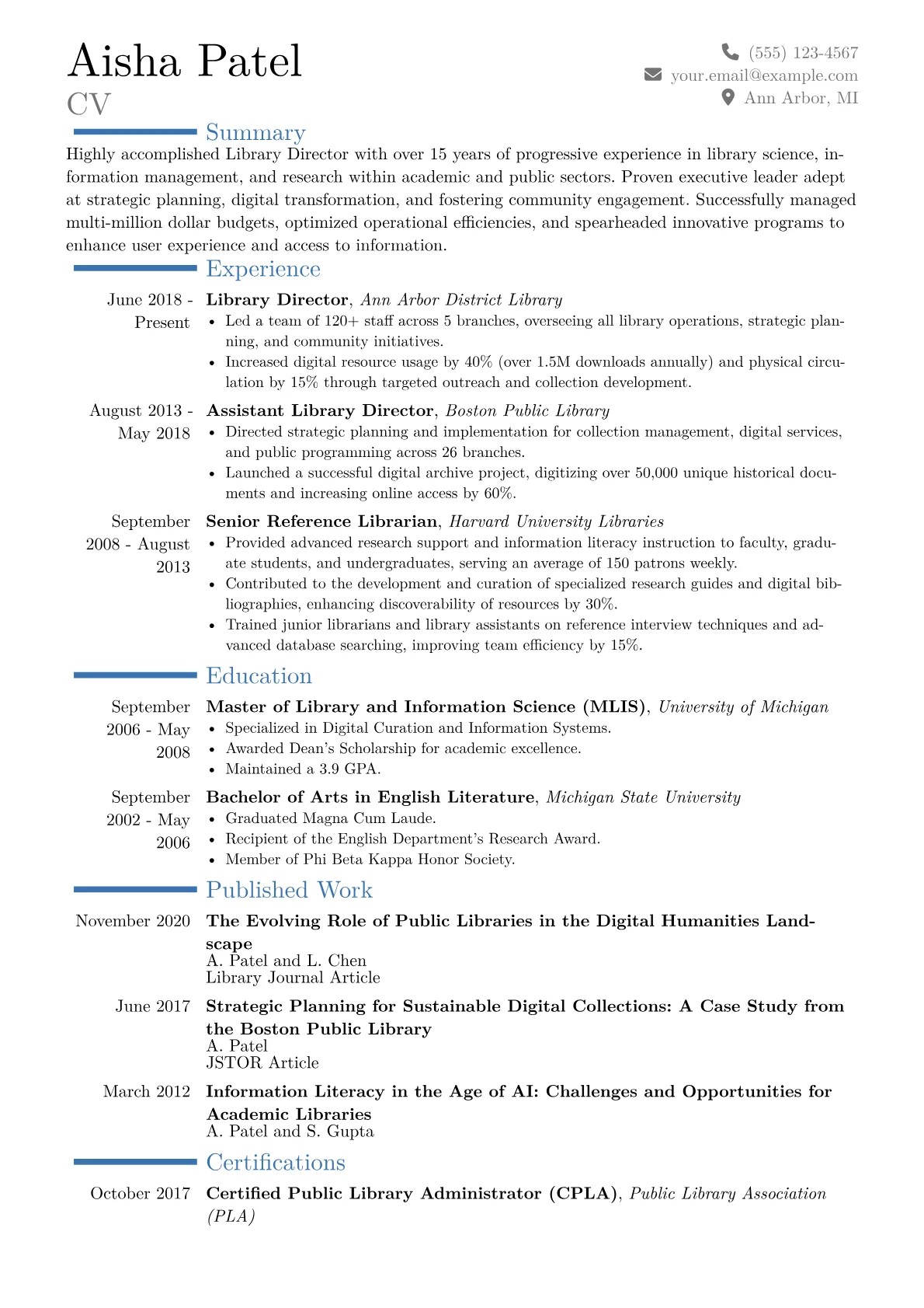 Library Director Resume Example CV template - Page 1