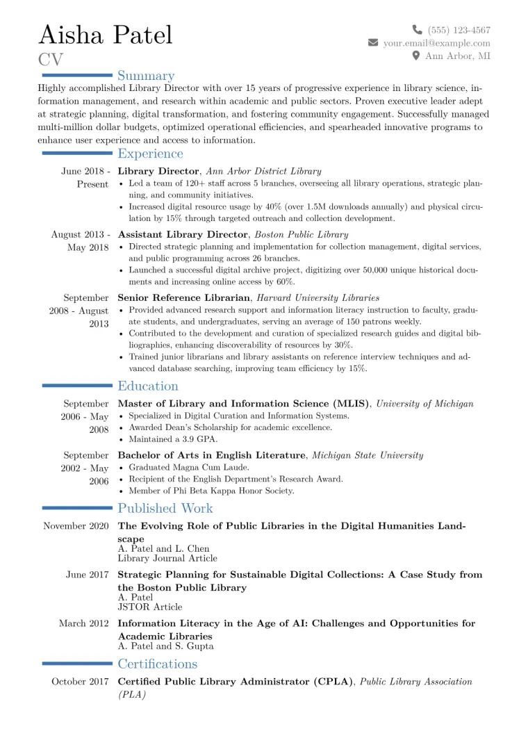 Library Director Resume Example CV template preview