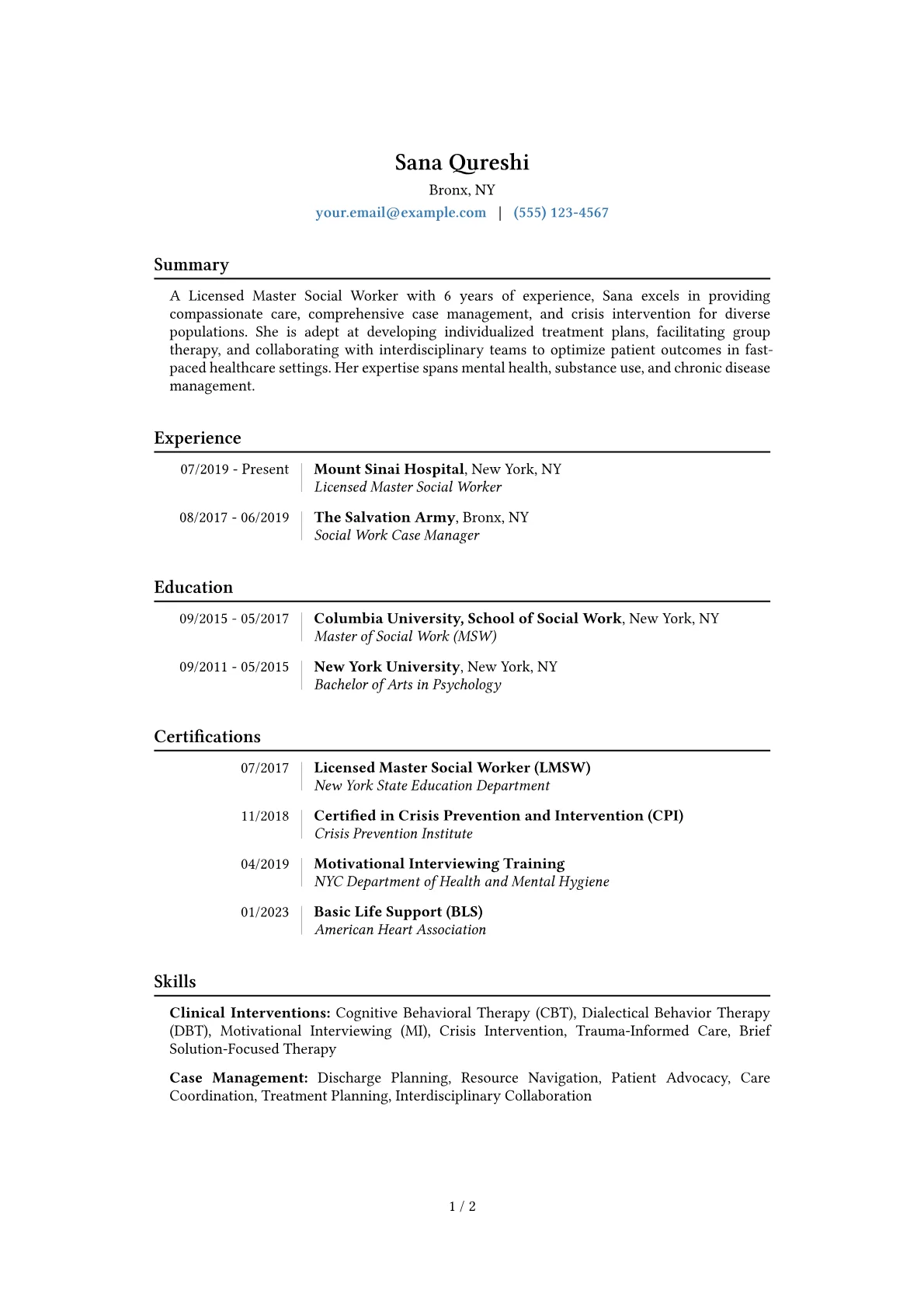 Licensed Master Social Worker Resume Example CV template - Page 1