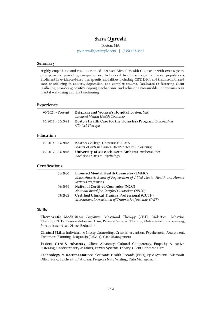 Licensed Mental Health Counselor Resume Example CV template preview