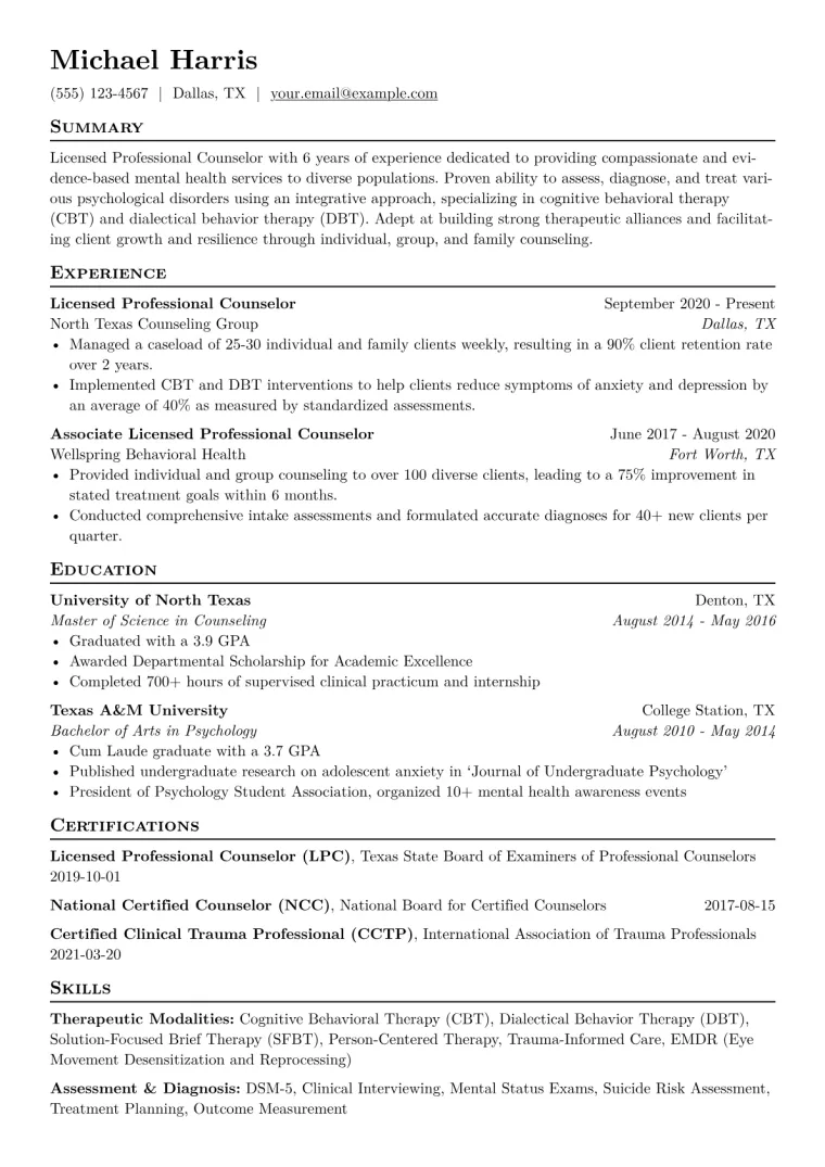 Licensed Professional Counselor Resume Example CV template preview