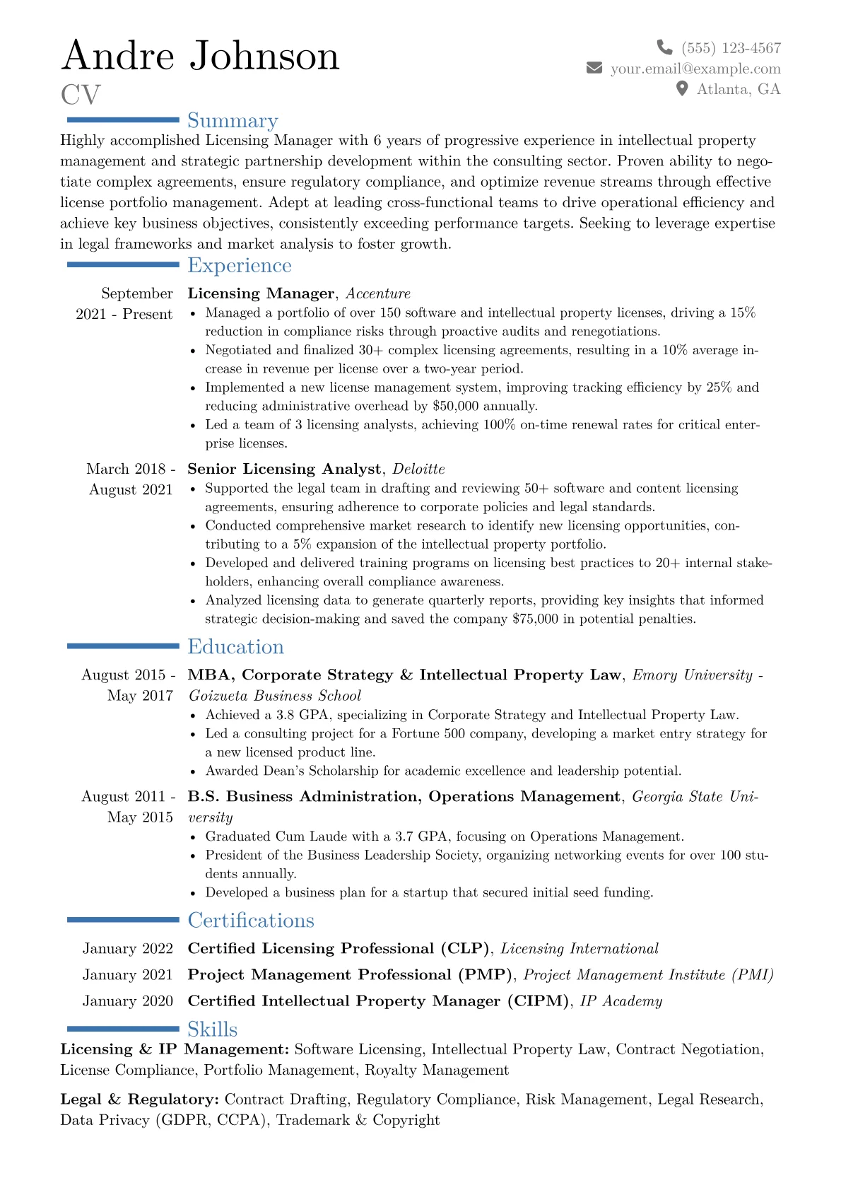 Licensing Manager Resume Example CV template - Page 1