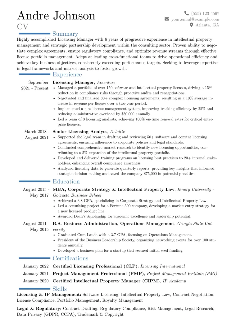 Licensing Manager Resume Example CV template preview