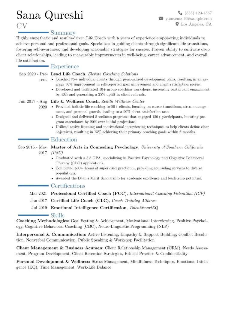 Life Coach Resume Example CV template preview
