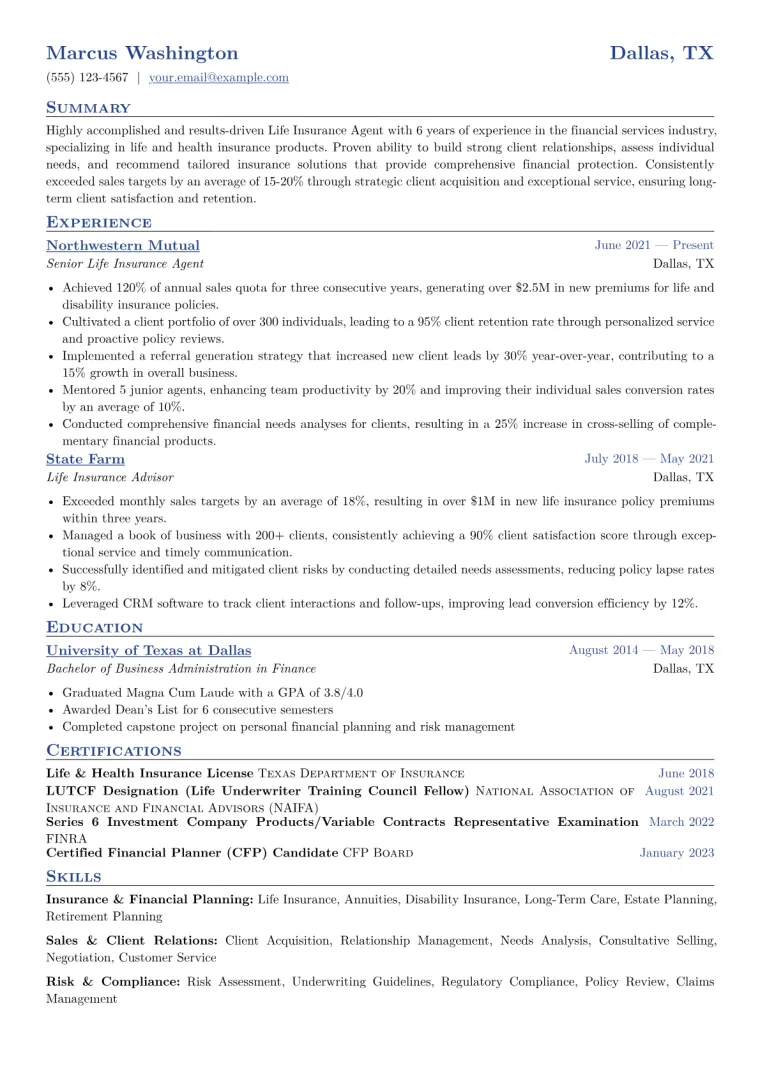 Life Insurance Agent Resume Example CV template preview