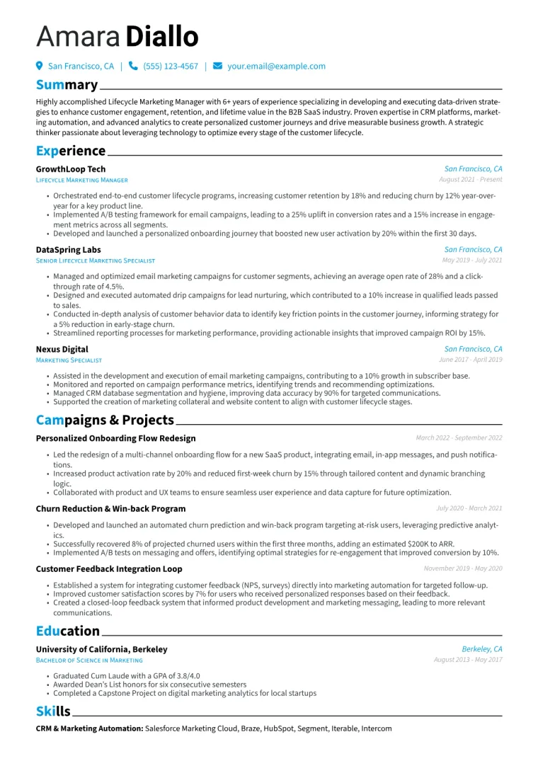 Lifecycle Marketing Manager Resume Example CV template preview