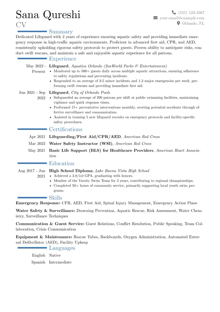 Lifeguard Resume Example CV template preview