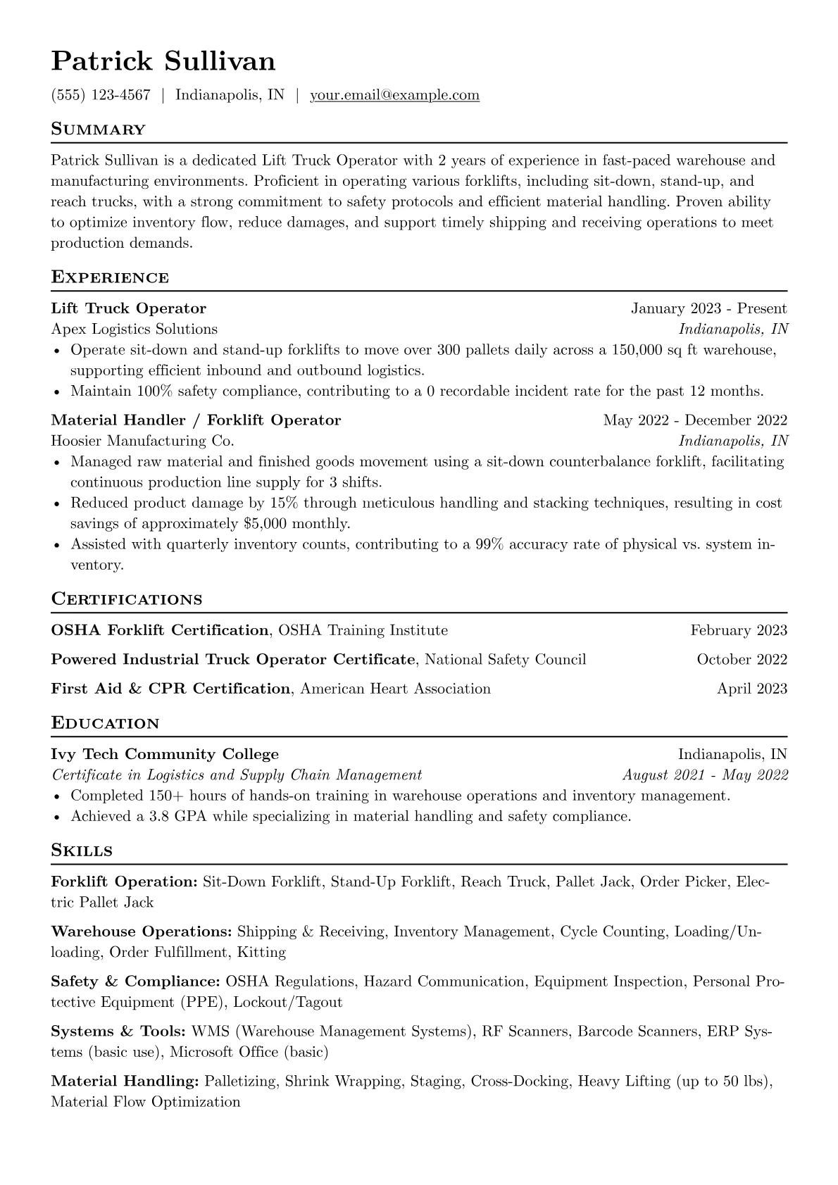Lift Truck Operator Resume Example CV template - Page 1