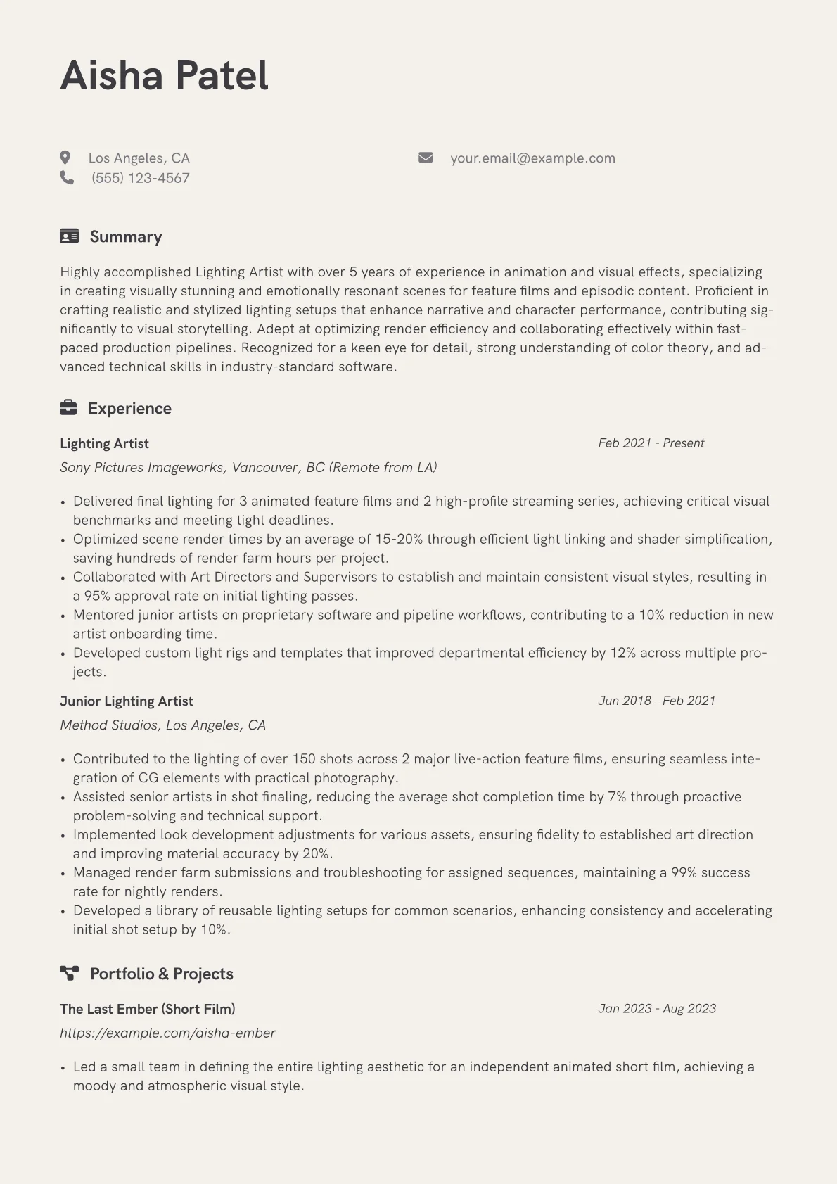 Lighting Artist Resume Example CV template - Page 1