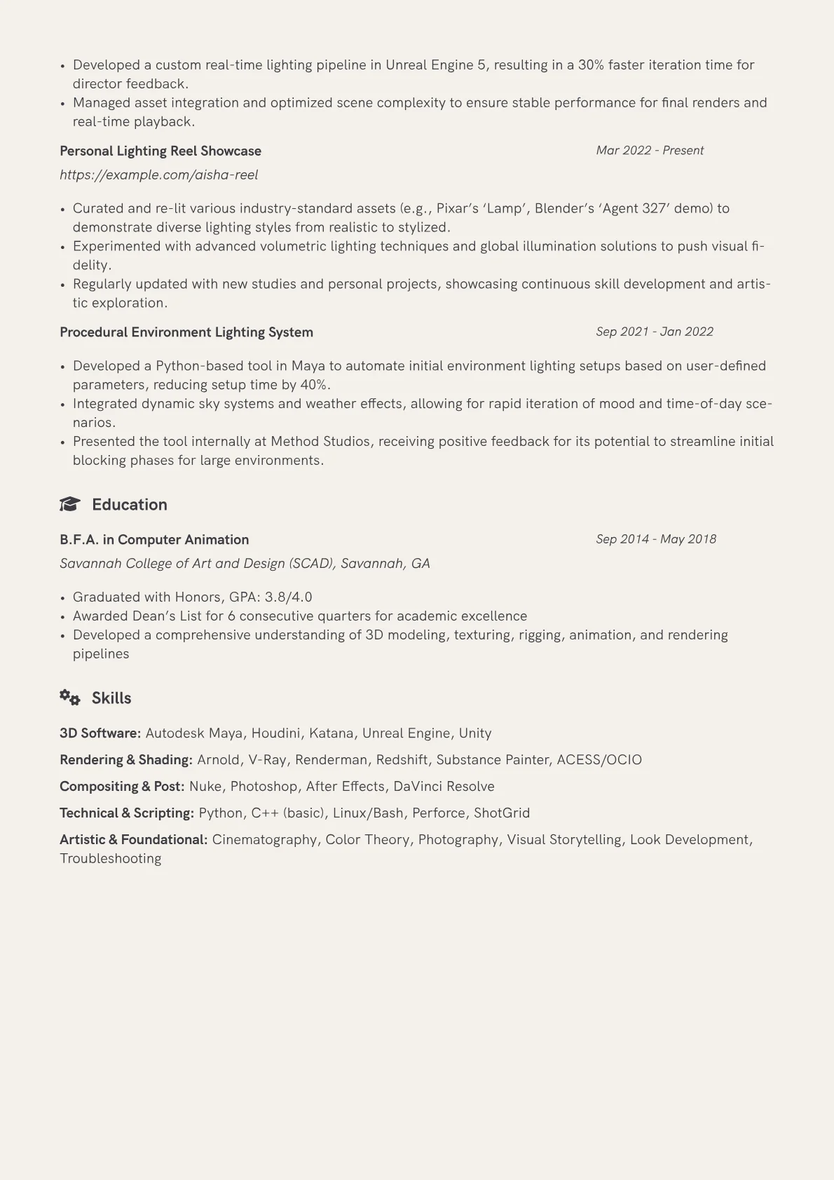 Lighting Artist Resume Example CV template - Page 2