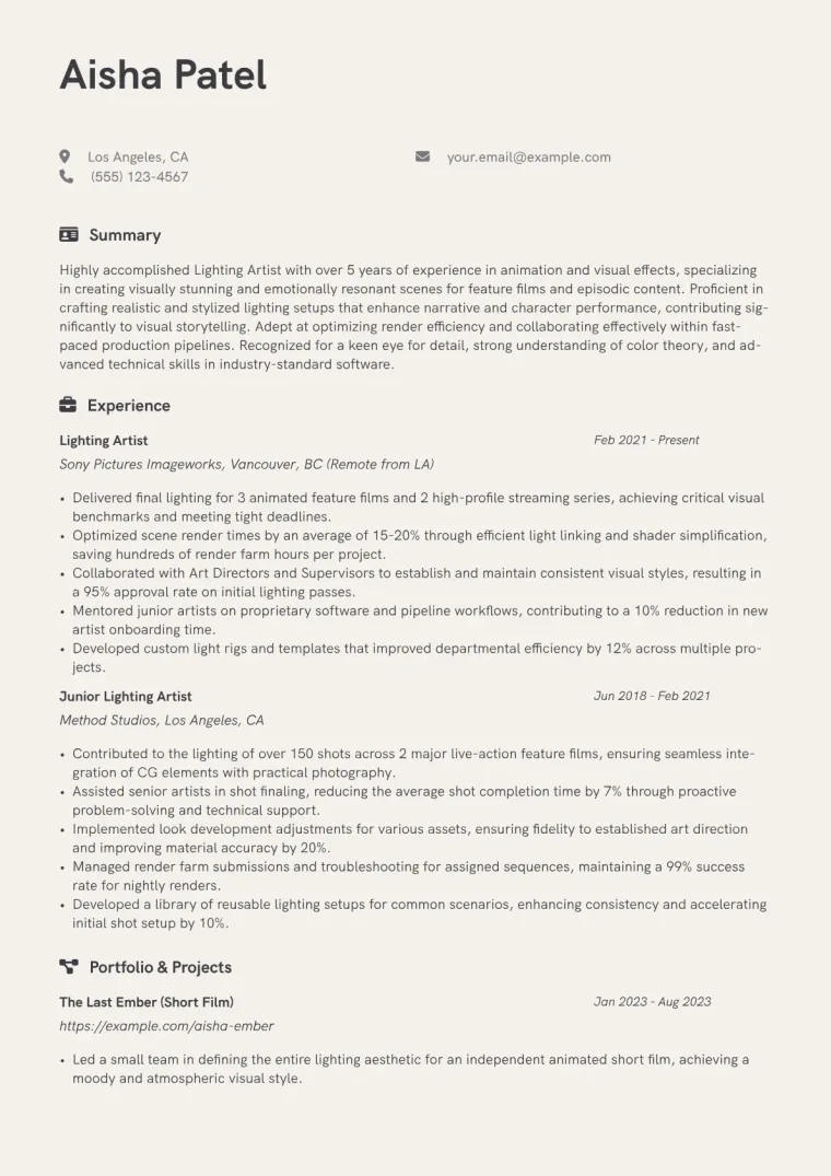 Lighting Artist Resume Example CV template preview