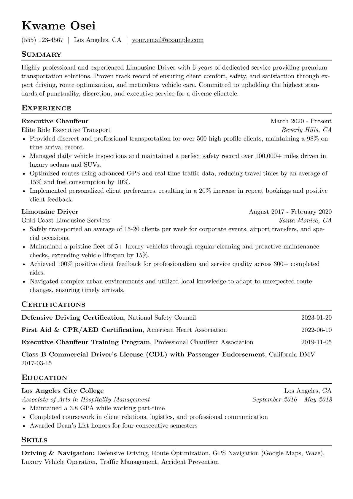 Limousine Driver Resume Example CV template - Page 1