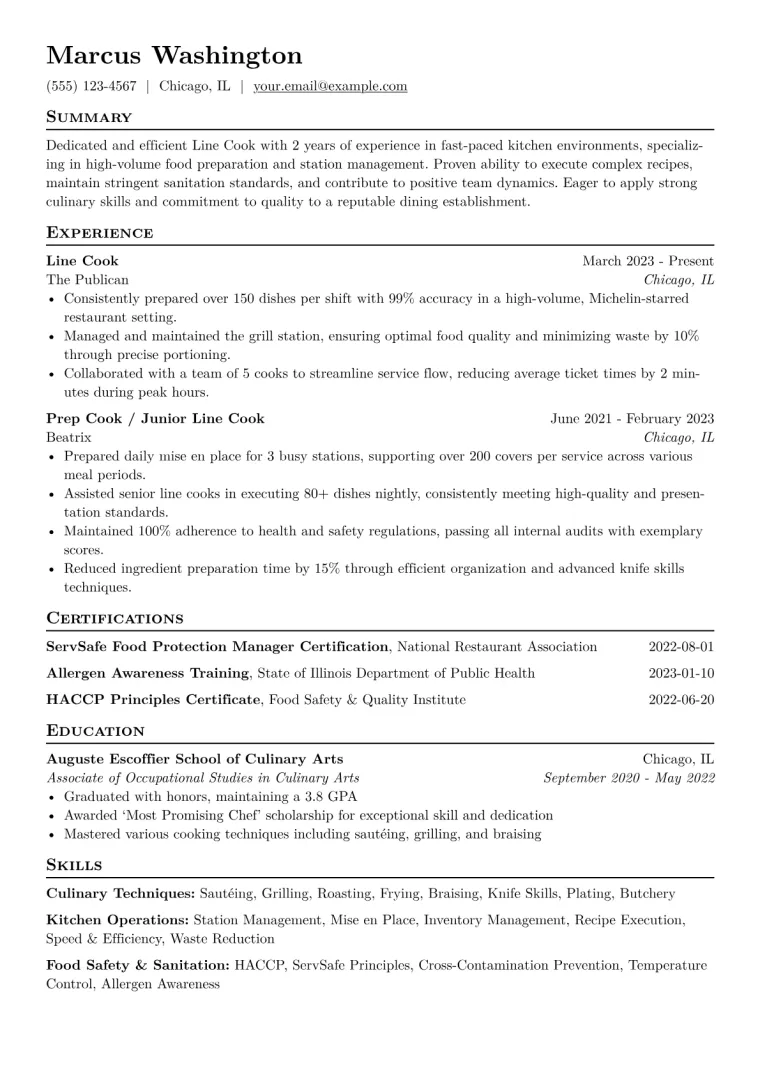 Line Cook Resume Example