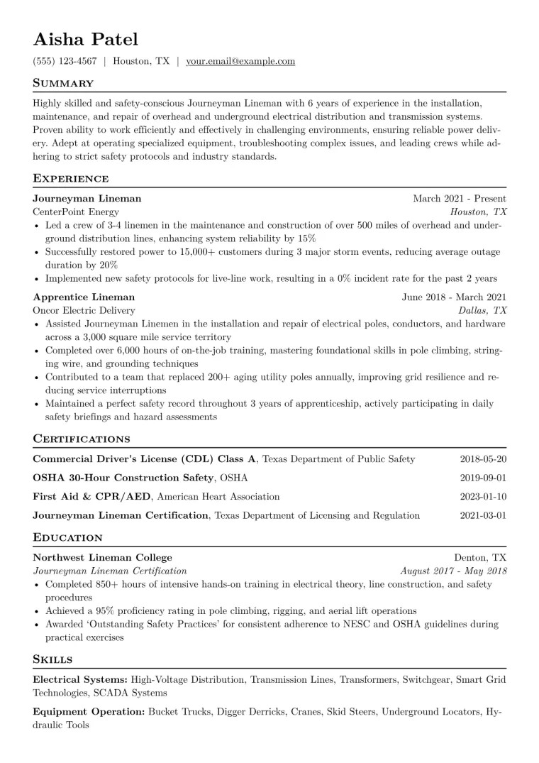 Lineman Resume Example