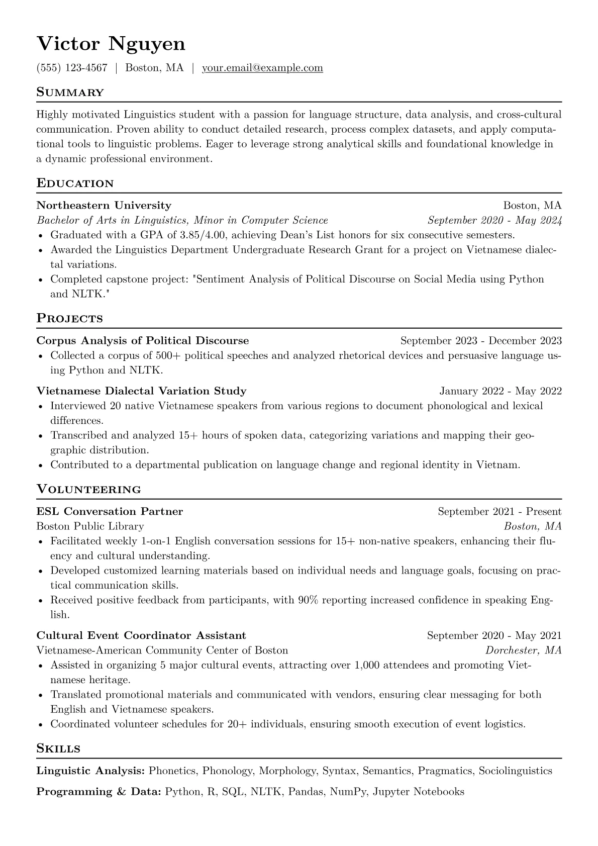 Linguistics Student Resume Example CV template - Page 1
