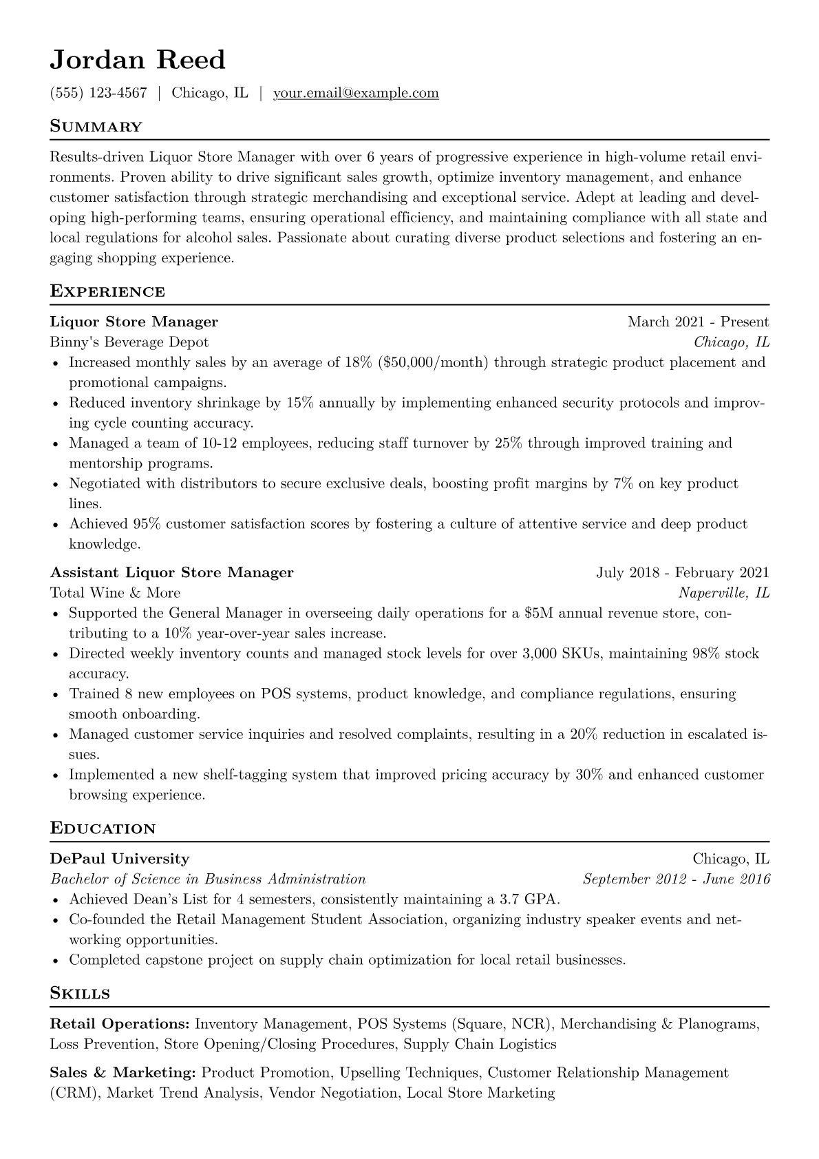 Liquor Store Manager Resume Example CV template - Page 1