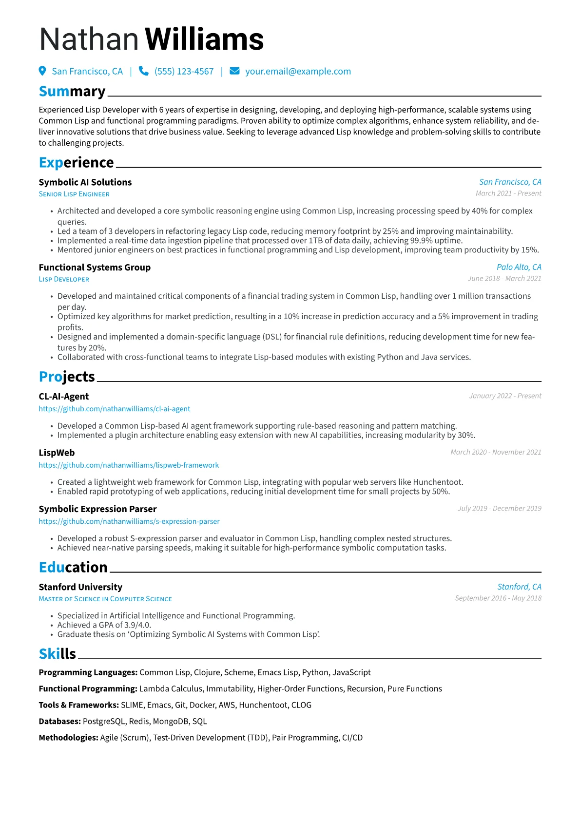 Lisp Developer Resume Example CV template - Page 1