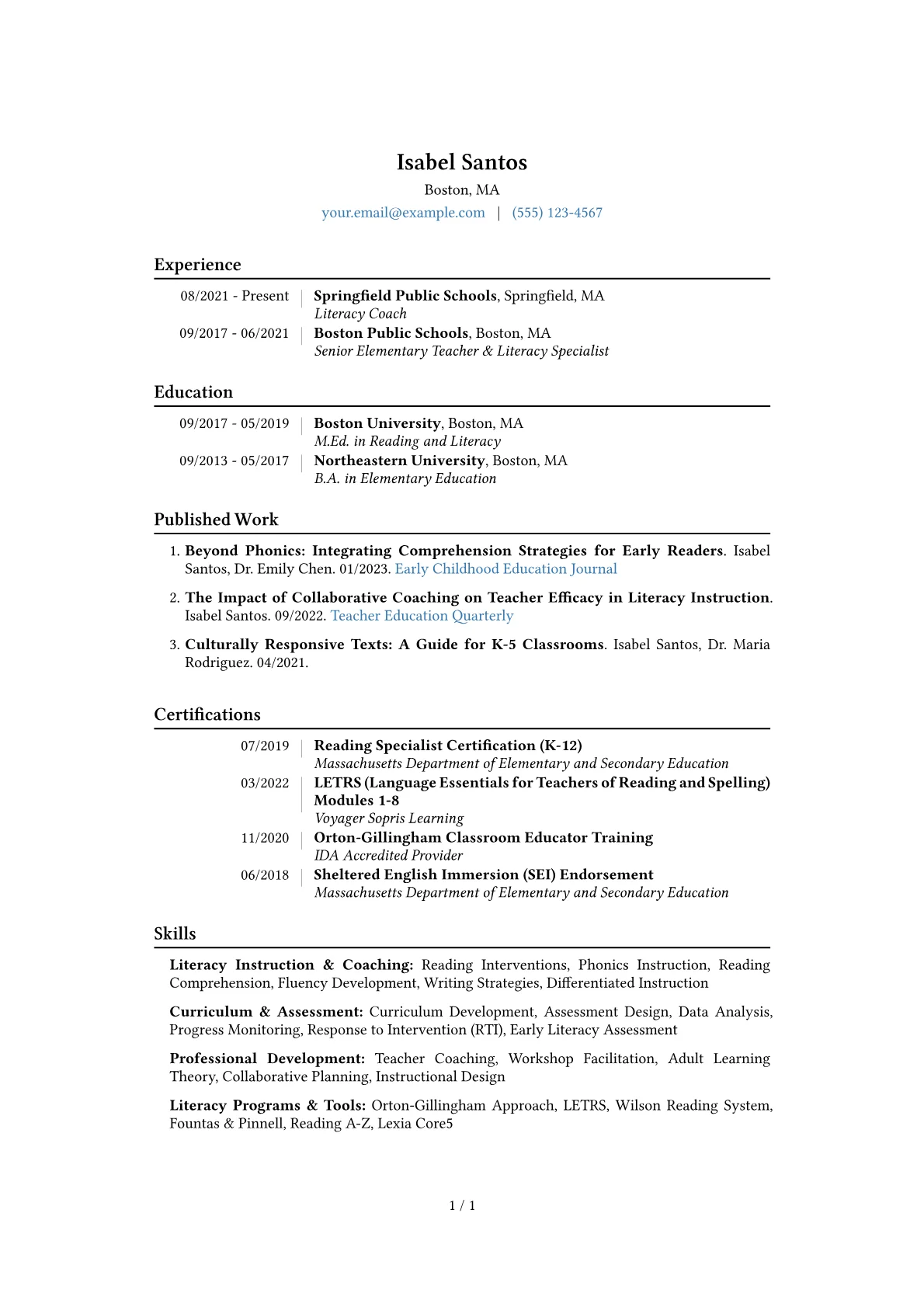 Literacy Coach Resume Example CV template - Page 1