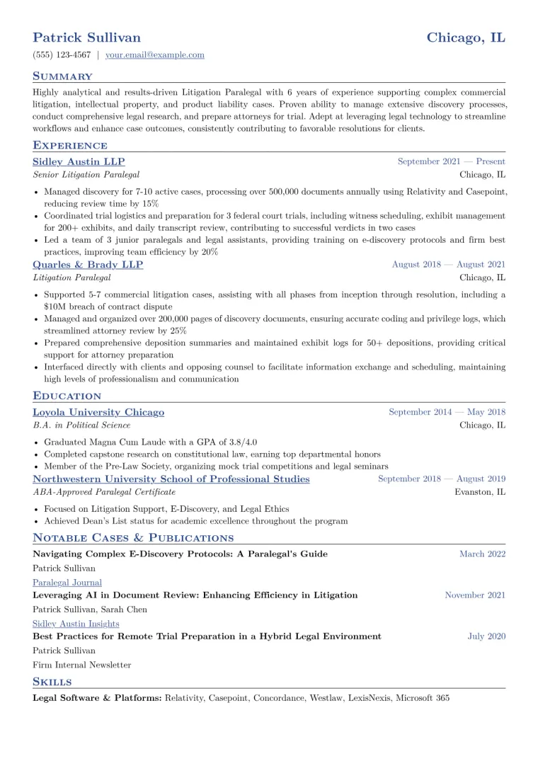 Litigation Paralegal Resume Example CV template preview