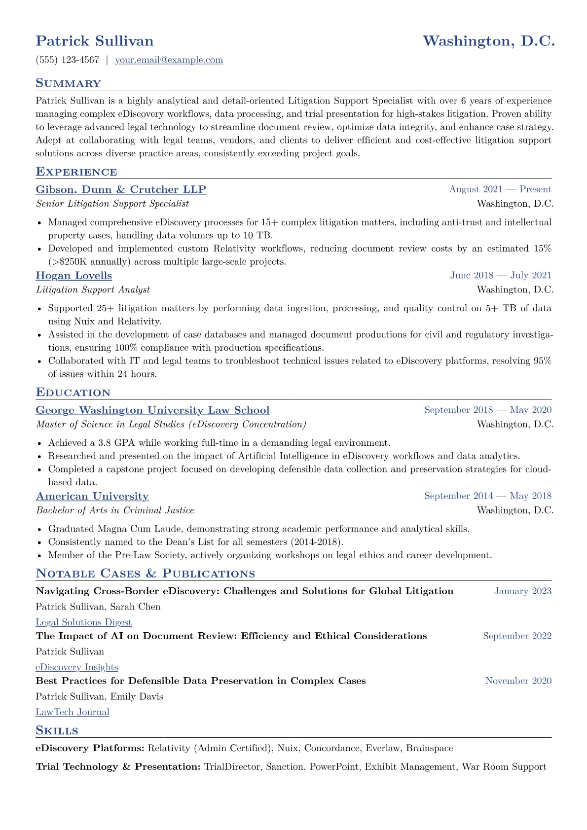 Litigation Support Specialist Resume Example CV template - Page 1