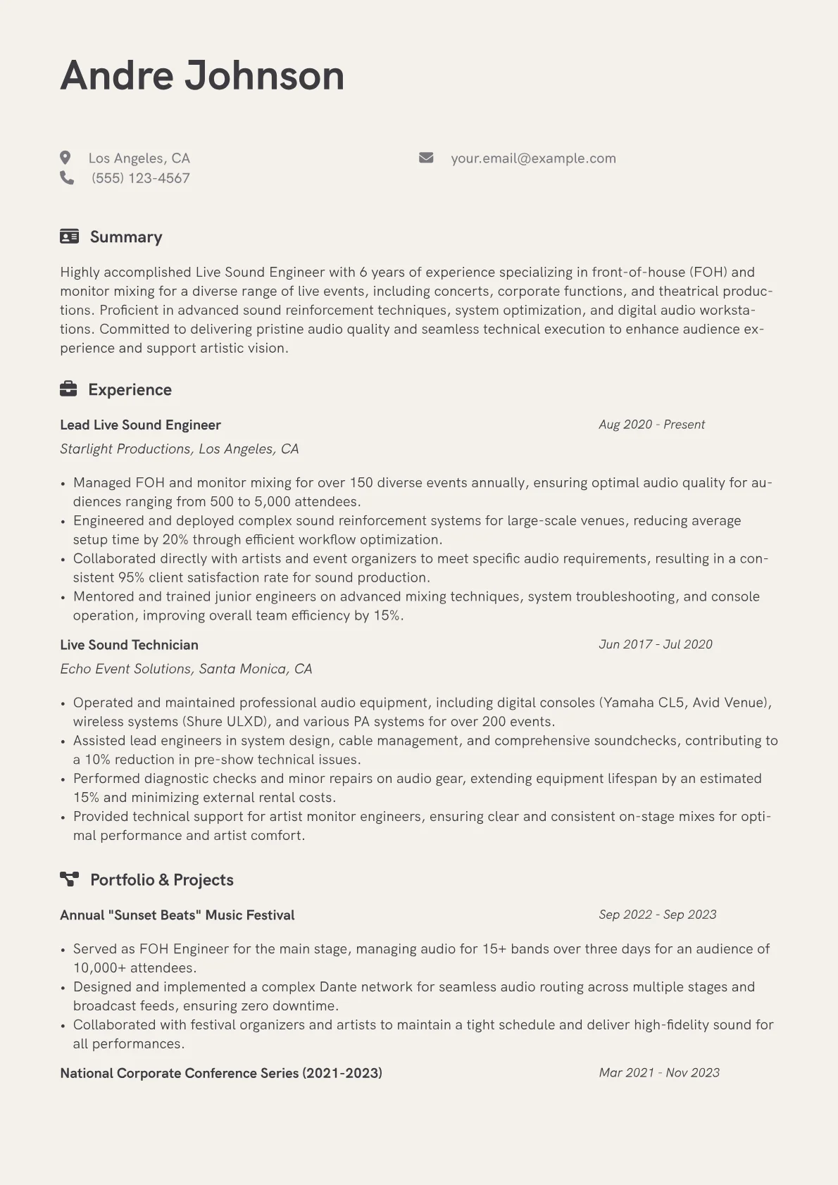 Live Sound Engineer Resume Example CV template - Page 1