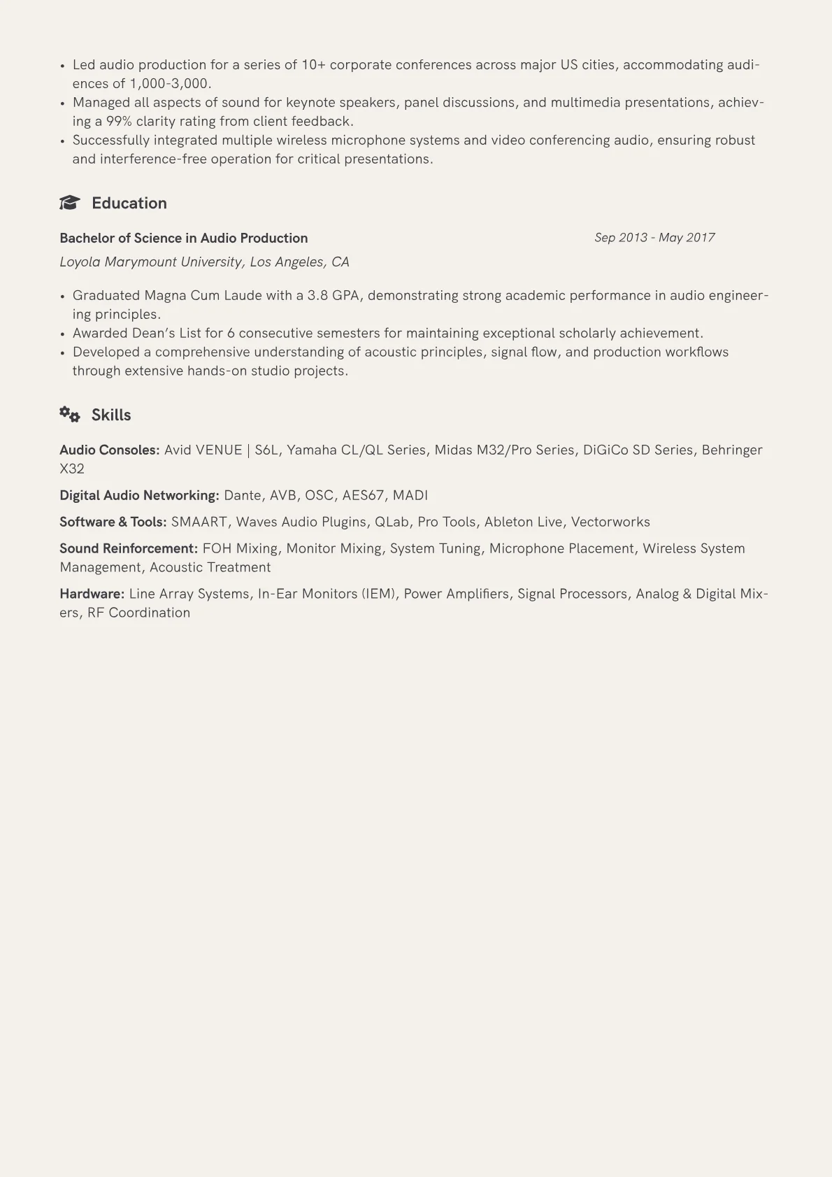 Live Sound Engineer Resume Example CV template - Page 2