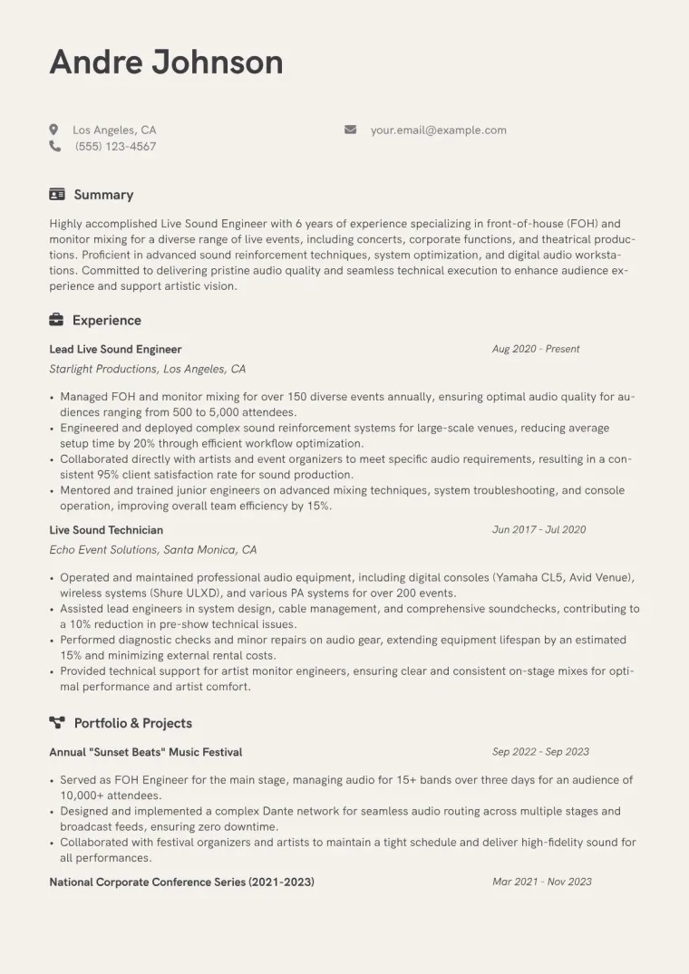 Live Sound Engineer Resume Example CV template preview