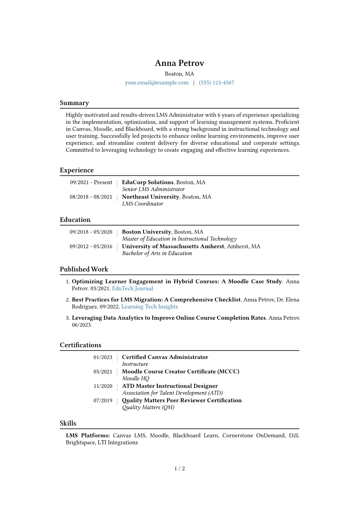 LMS Administrator Resume Example CV template - Page 1
