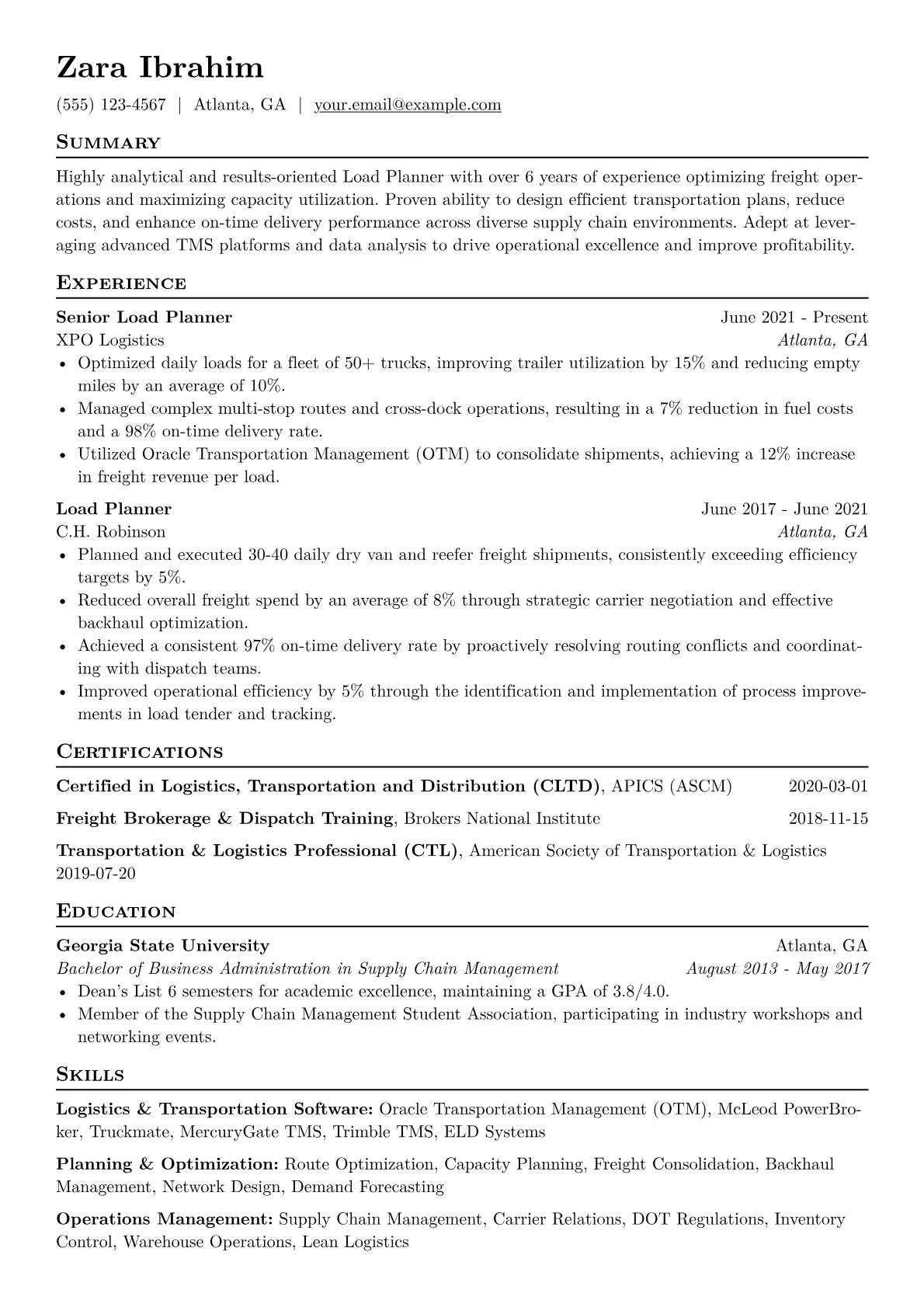 Load Planner Resume Example CV template - Page 1
