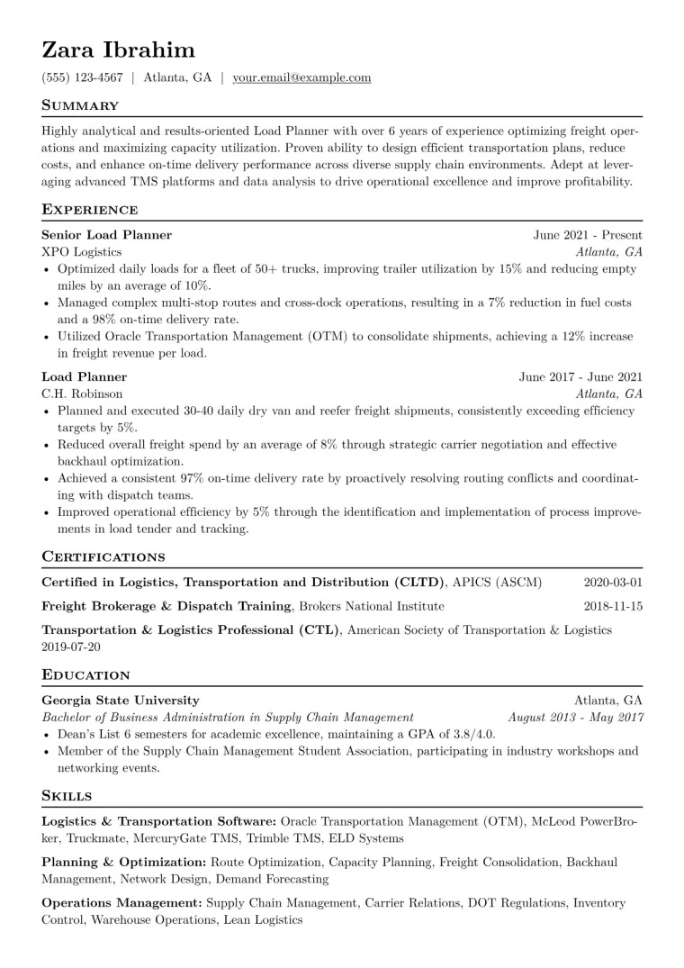 Load Planner Resume Example CV template preview