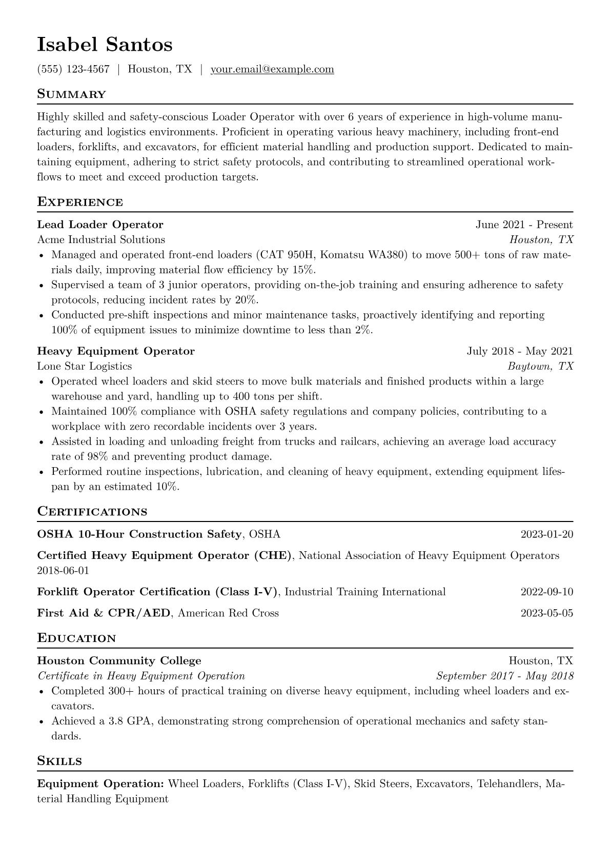 Loader Operator Resume Example CV template - Page 1