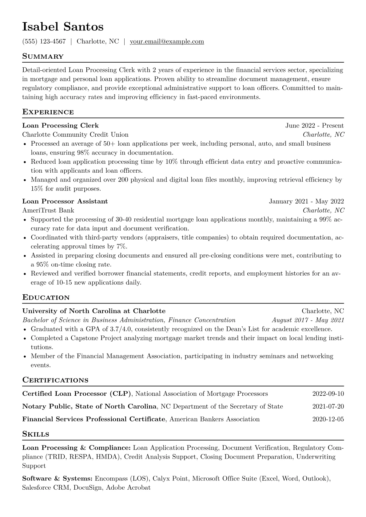 Loan Processing Clerk Resume Example CV template - Page 1