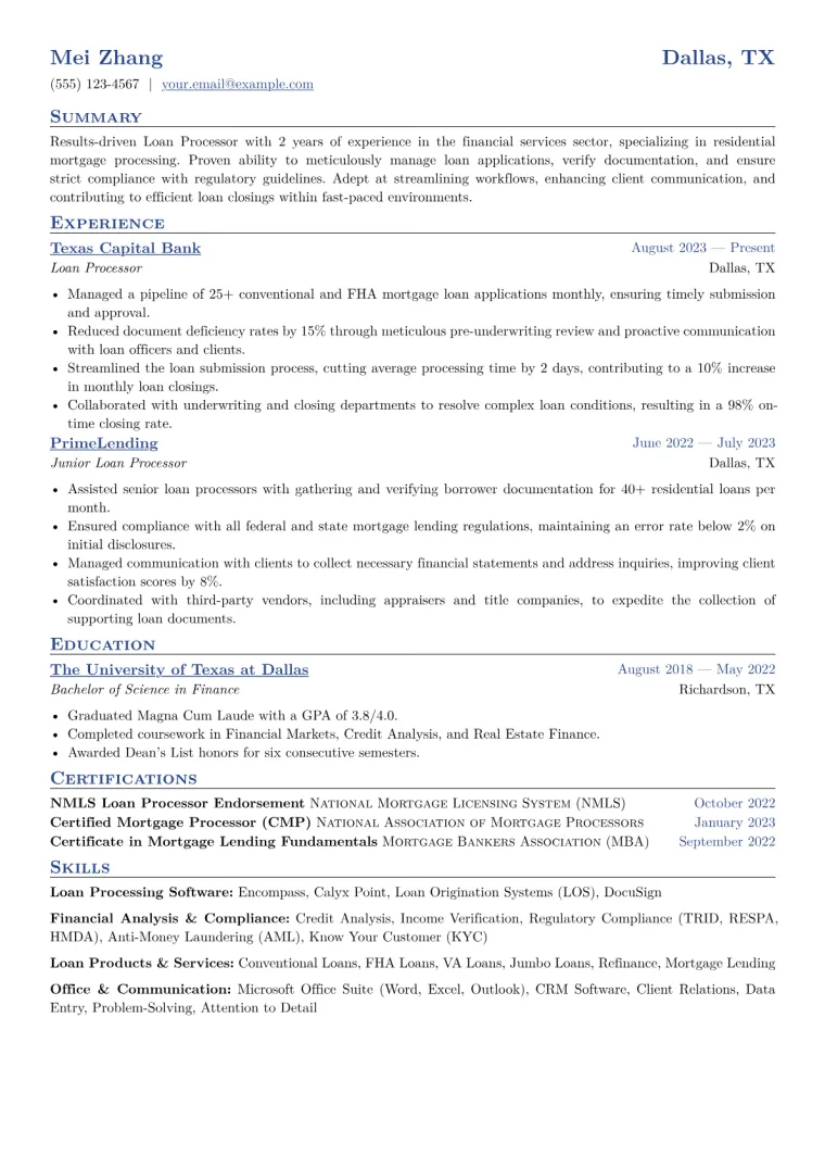 Loan Processor Resume Example CV template preview