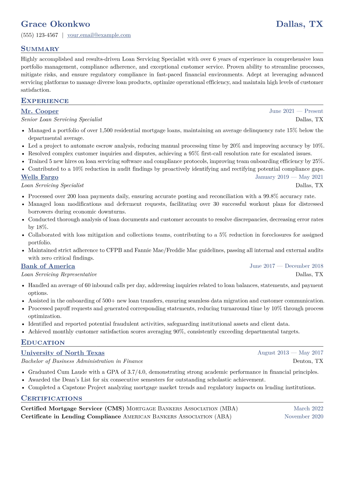 Loan Servicing Specialist Resume Example CV template - Page 1