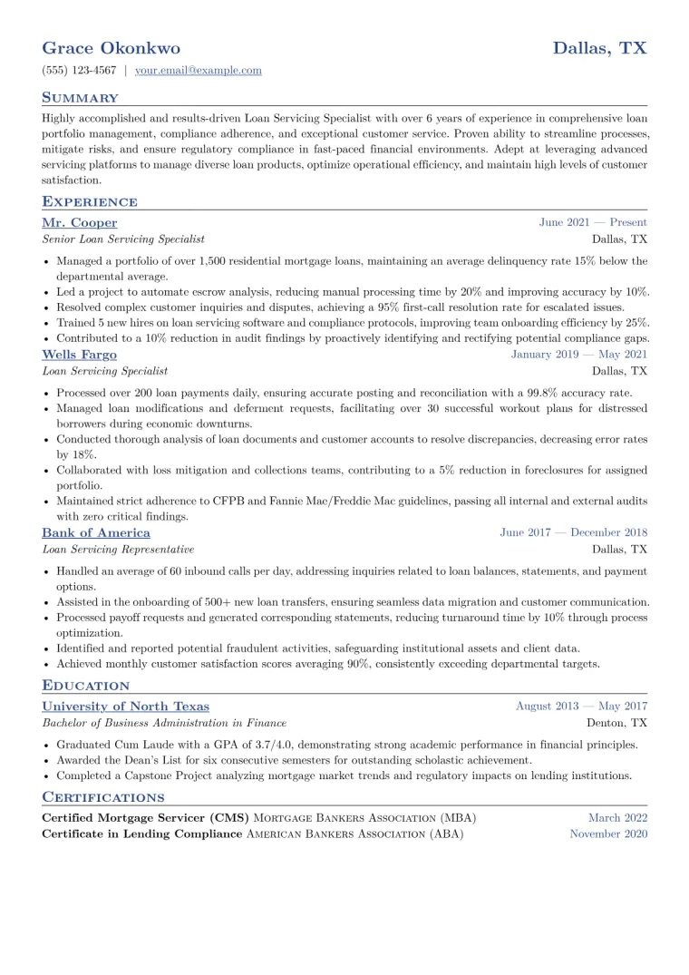 Loan Servicing Specialist Resume Example CV template preview