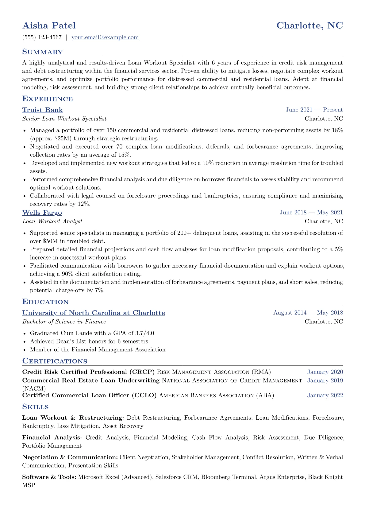 Loan Workout Specialist Resume Example CV template - Page 1