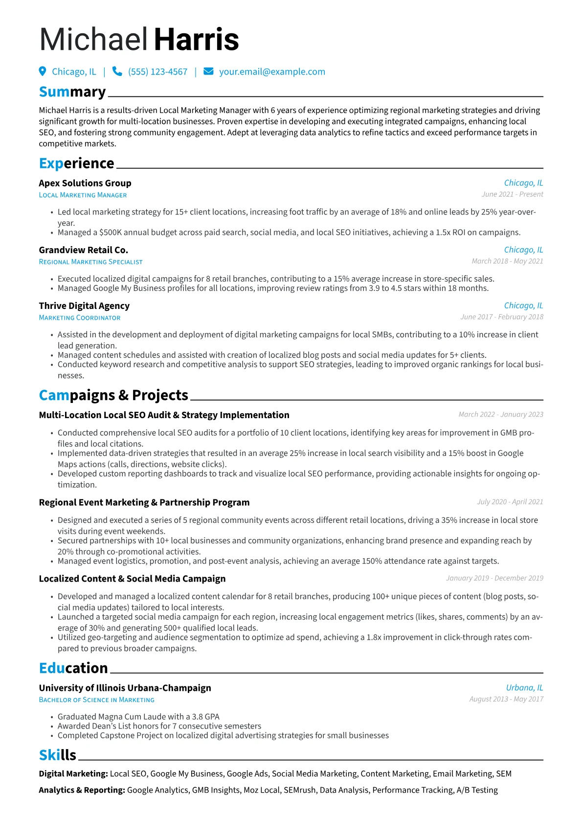 Local Marketing Manager Resume Example CV template - Page 1