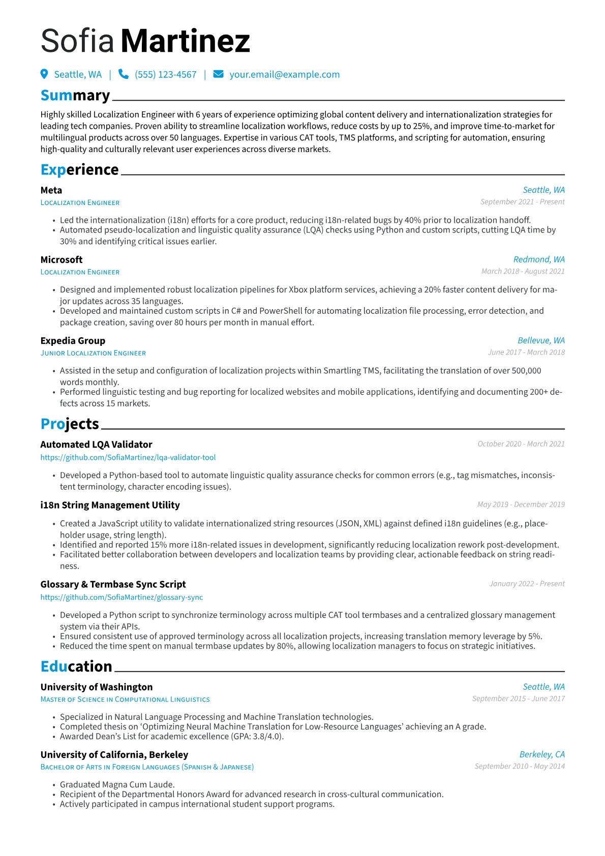 Localization Engineer Resume Example CV template - Page 1